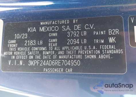 2024 Kia Forte Lxs from USA, damaged, VIN 3KPF24AD6RE704950